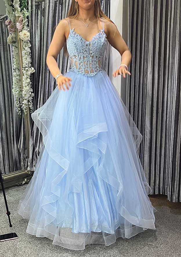 A-Line V-Neck Tulle Charmeuse Prom Dress/Evening Dress with Appliqued Laced - Fashionpara