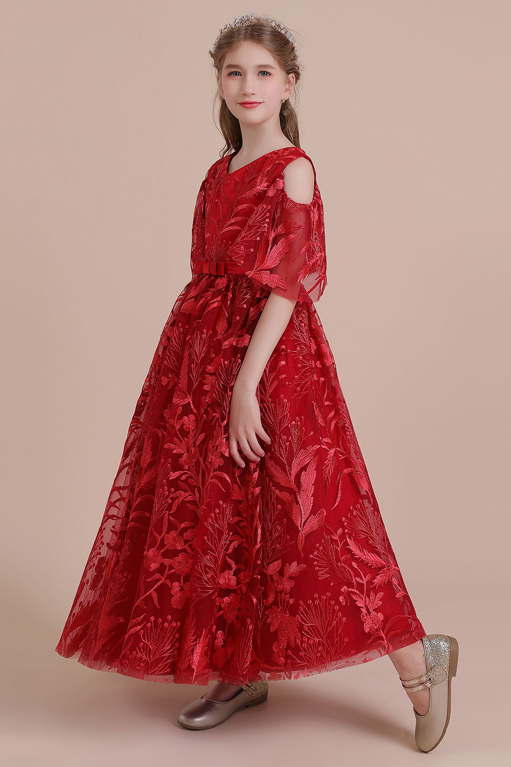 A-Line V-neck Tulle Cold-shoulder Flower Girl Dress On Sale - Fashionpara