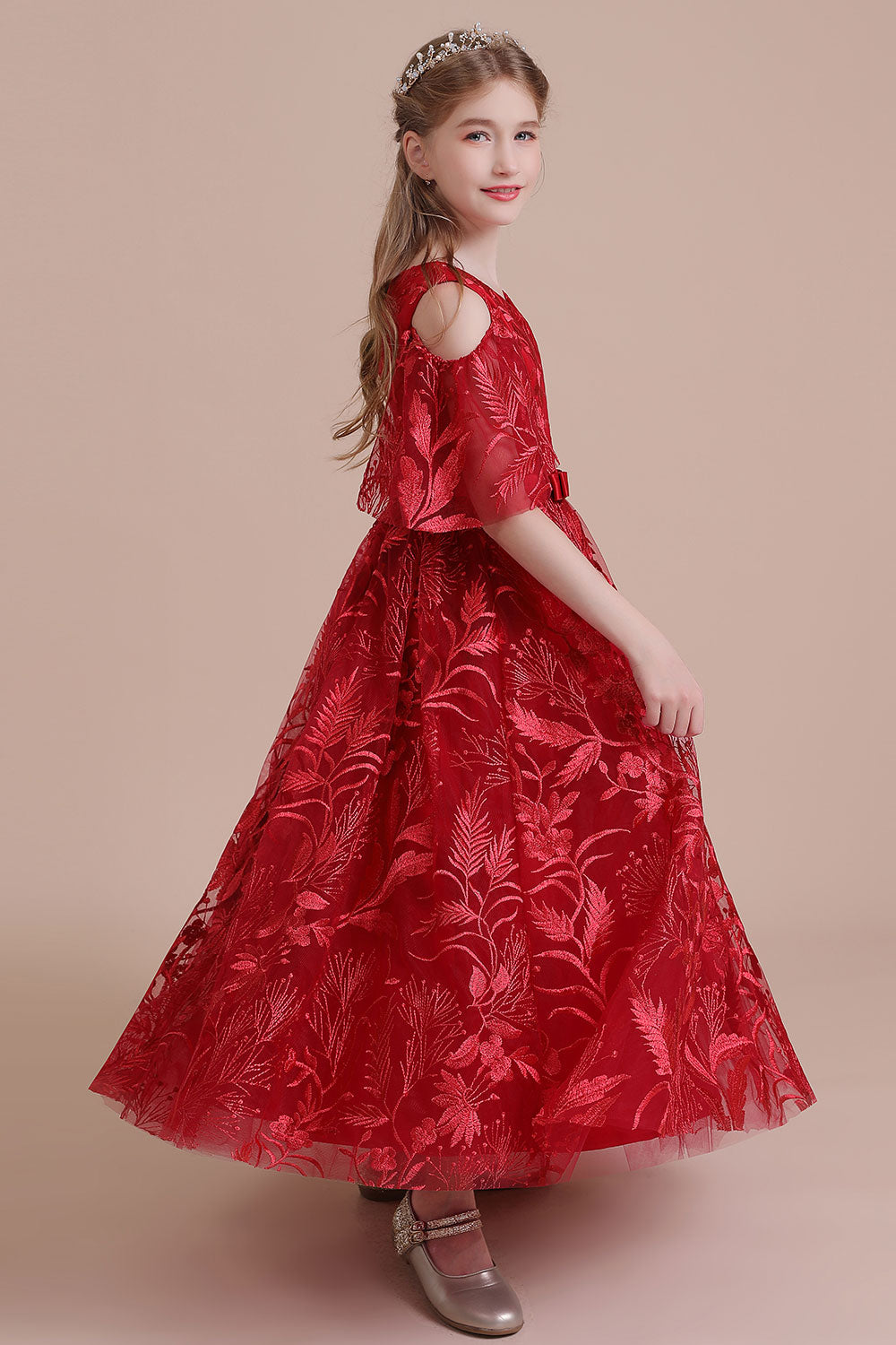 A-Line V-neck Tulle Cold-shoulder Flower Girl Dress On Sale - Fashionpara