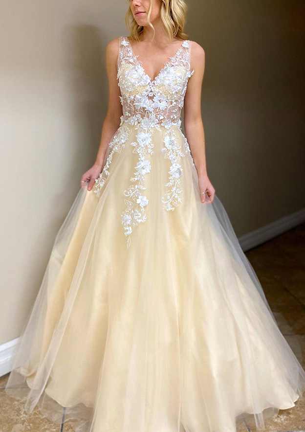 A-Line V-Neck Tulle Prom Dress/Evening Dress with Appliqu¨¦ - Long/Floor-Length - Fashionpara