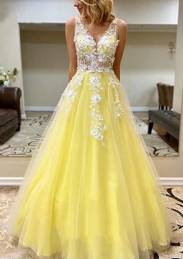 A-Line V-Neck Tulle Prom Dress/Evening Dress with Appliqu¨¦ - Long/Floor-Length - Fashionpara