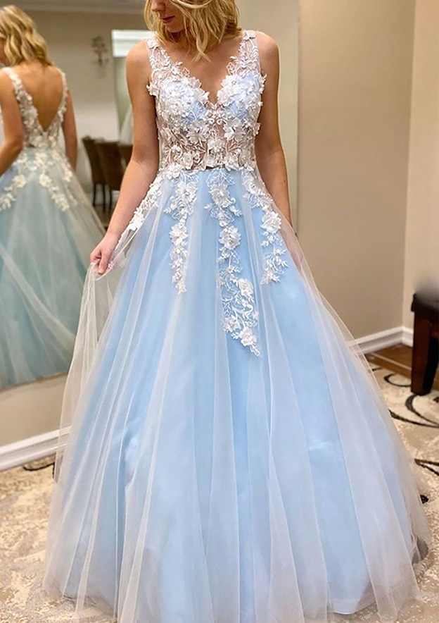 A-Line V-Neck Tulle Prom Dress/Evening Dress with Appliqu¨¦ - Long/Floor-Length - Fashionpara