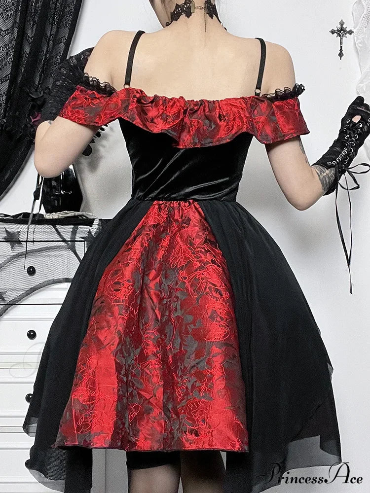 A-Line Vintage Off Shoulder Lace Trim Floral Medieval Steampunk Halloween Dress