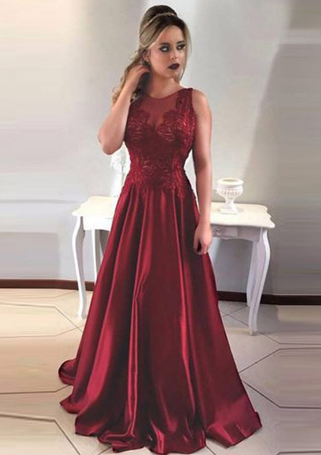 A-Line/Princess Scoop Neck Sweep Train Satin Prom Dress/Evening Dress With Appliqued - Fashionpara