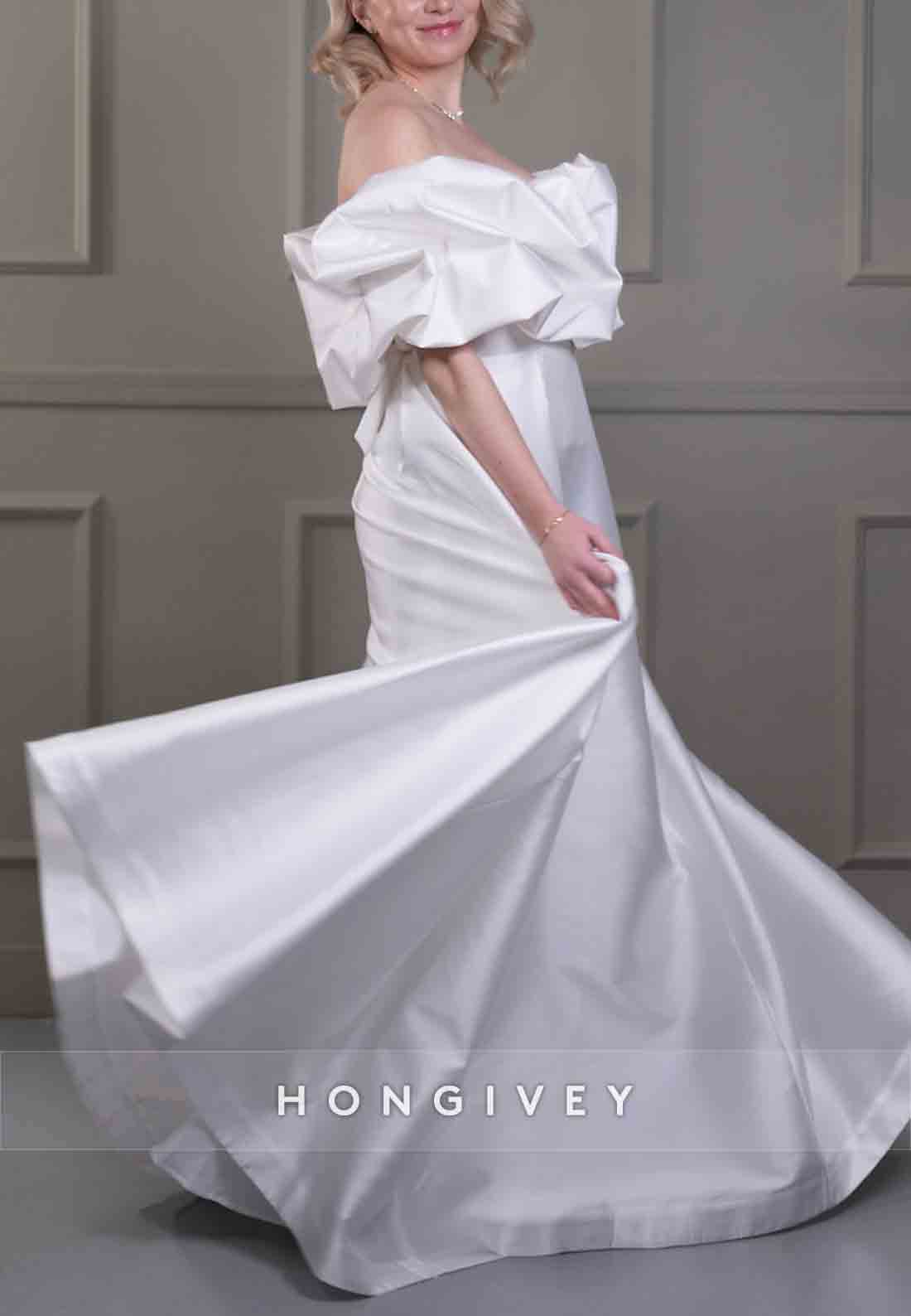 Off the Shoulder Trumpet Pleated Simple Satin Sweep Train Wedding Dresses