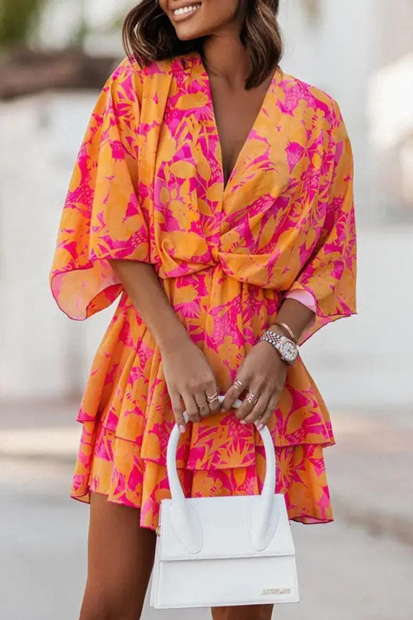 Heidi Plants Print Twist Design Batwing Sleeve Mini Dress Fashionpara