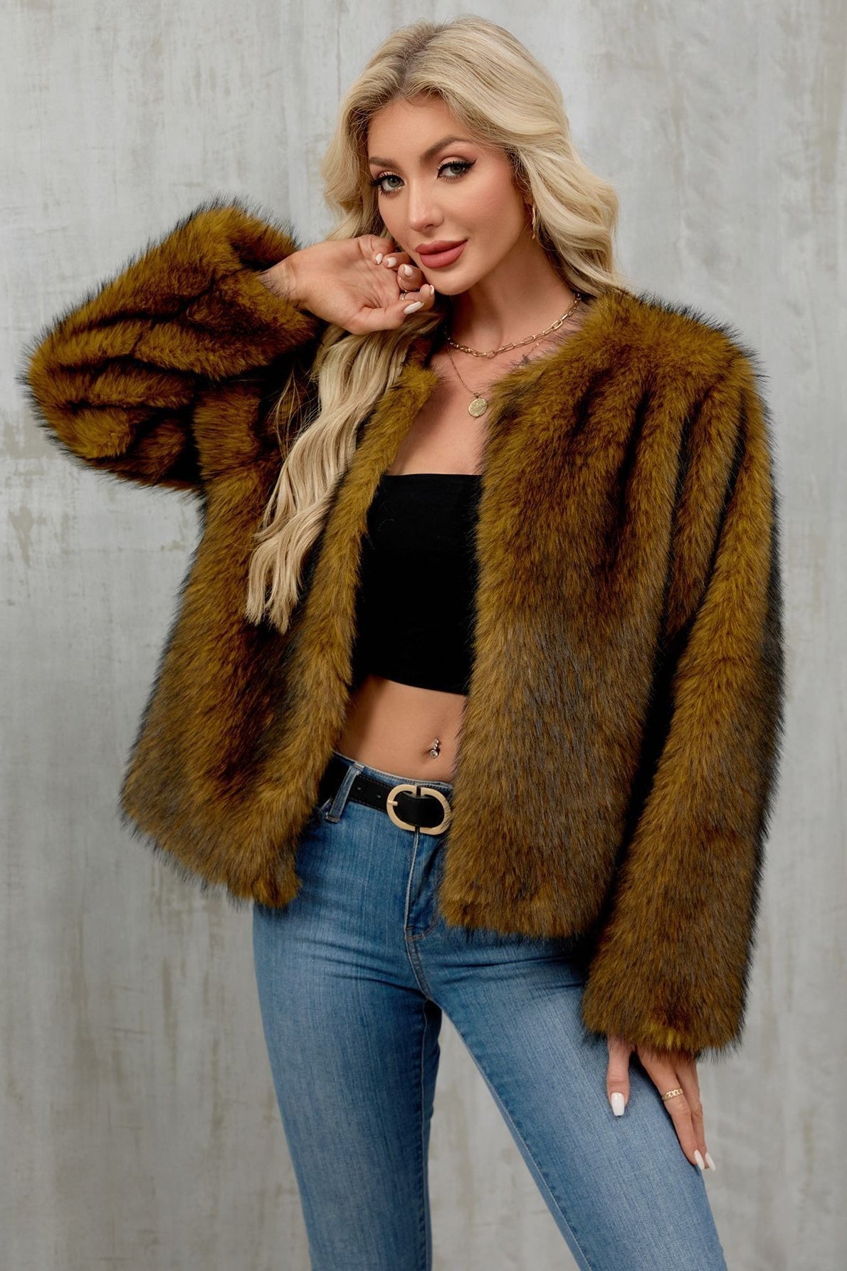 Cropped Faux Fur Zip Coat - Fashionpara