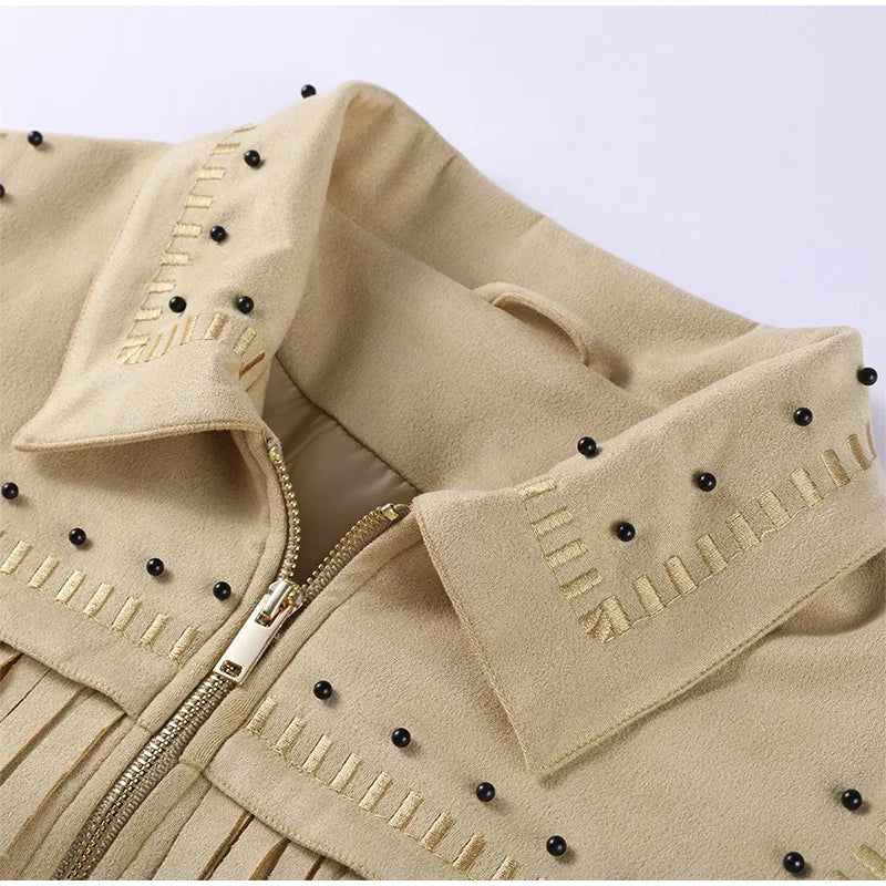 Retro Tassel Beaded Zipper Jacket - Fashionpara