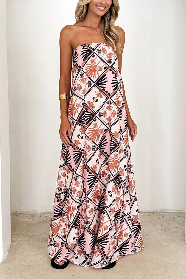 Unique Printed Sexy Strapless Backless Holiday Casual Maxi Dress - Fashionpara