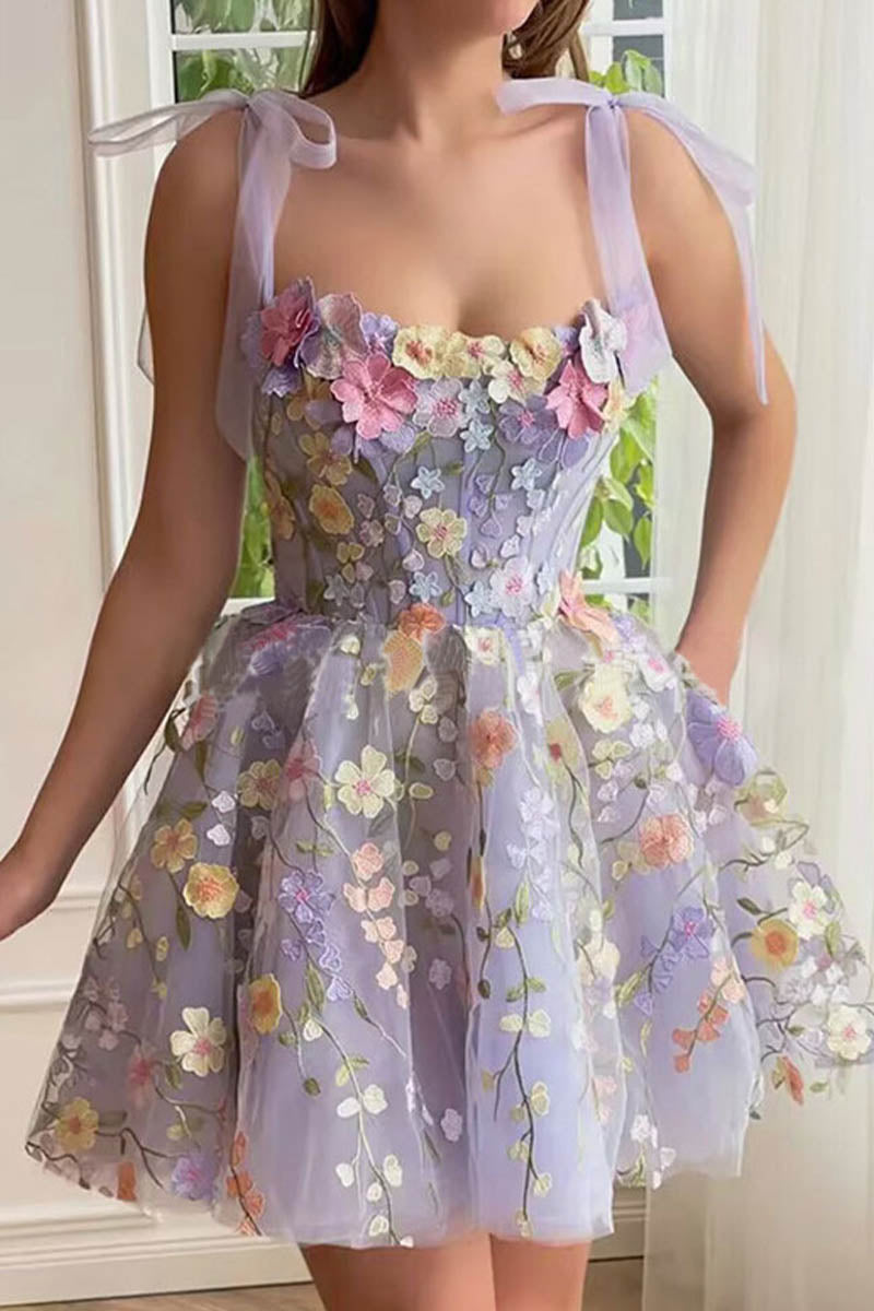 3D Lace Flower Embroidered Ribbon Bow Suspender Mini Dress - Fashionpara