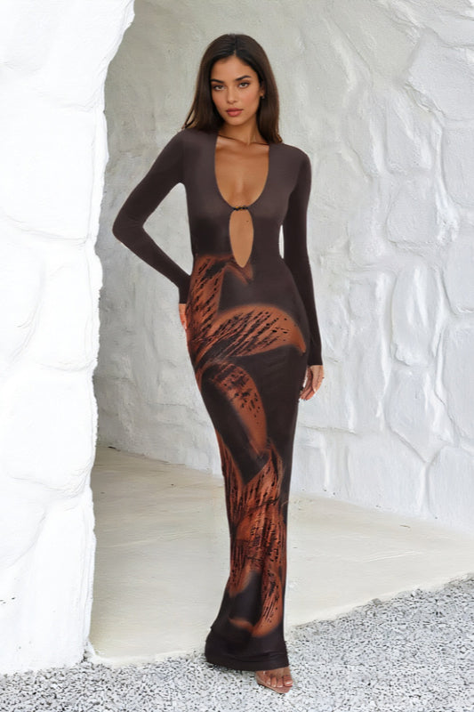 Printed Long Sleeve Cutout Bodycon Maxi Dress