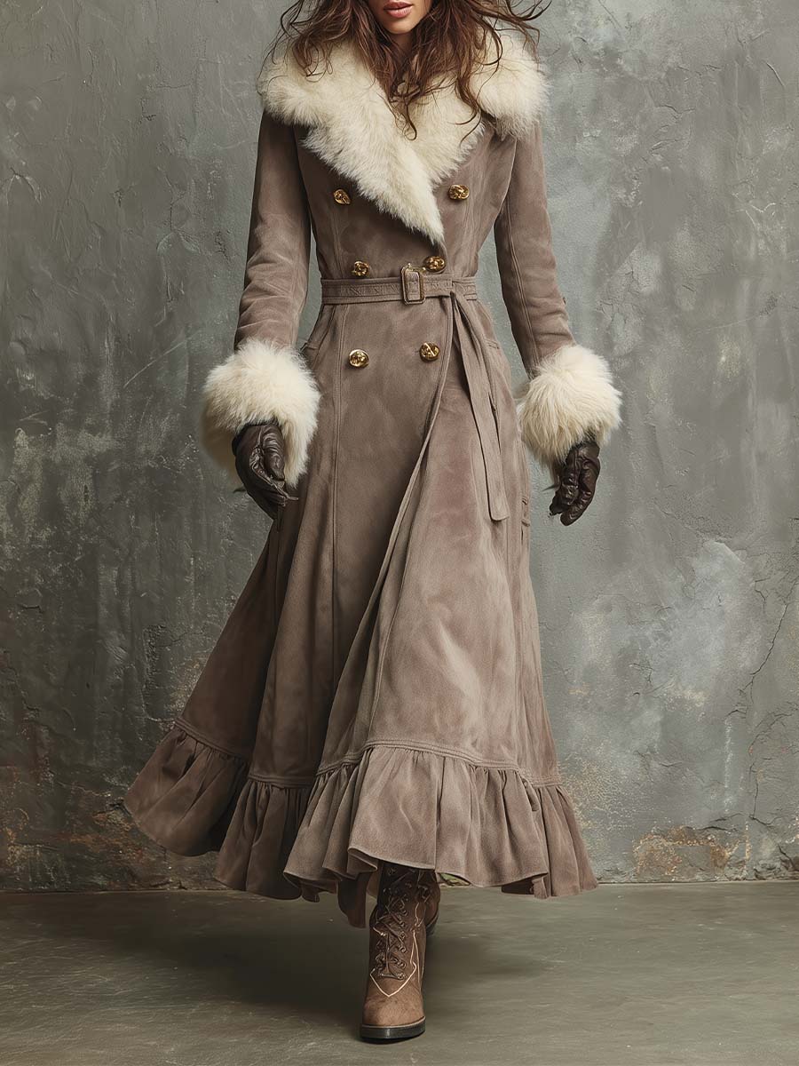 Long Suede Trench Coat With Faux Fur Collar & Cuffs – Mocha Taupe