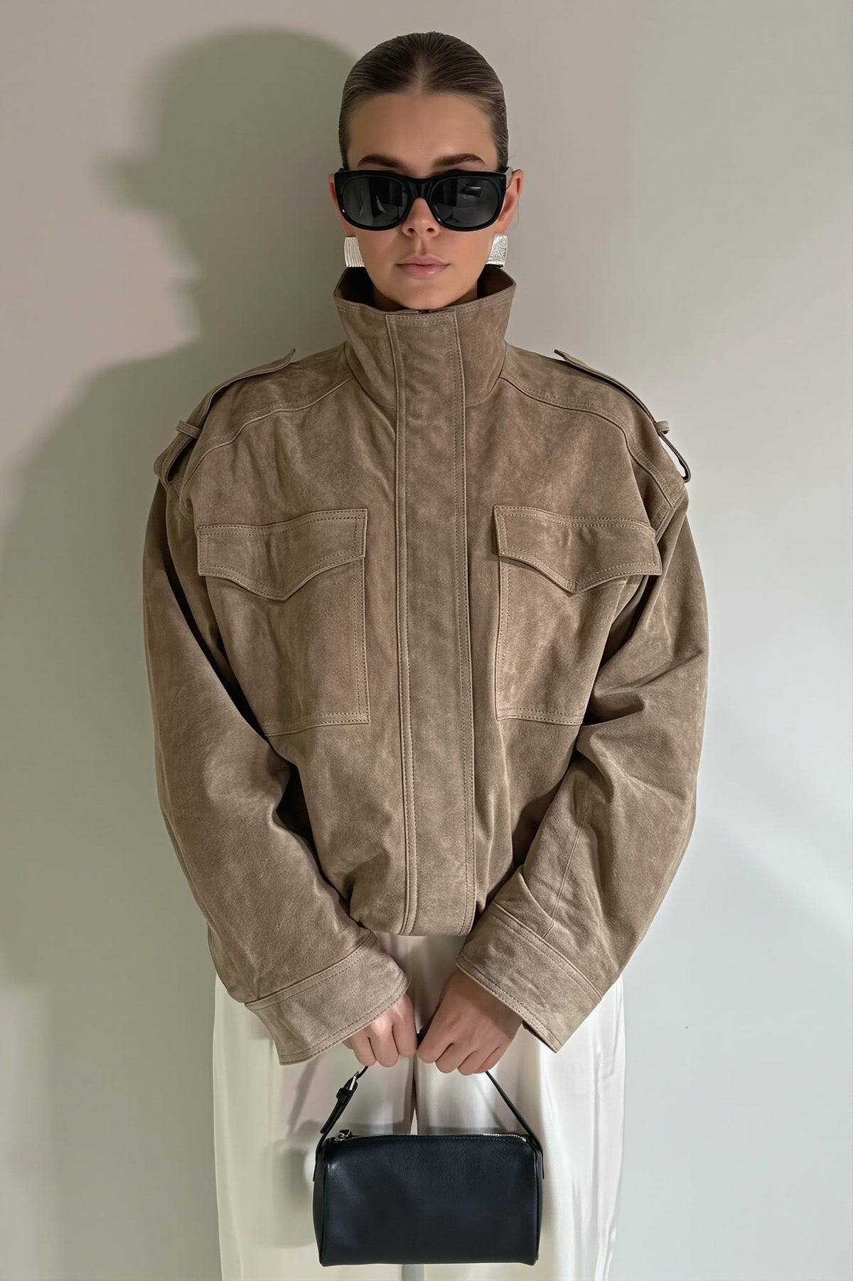 Suede Look Stand Collar Utility Bomber Jacket 3