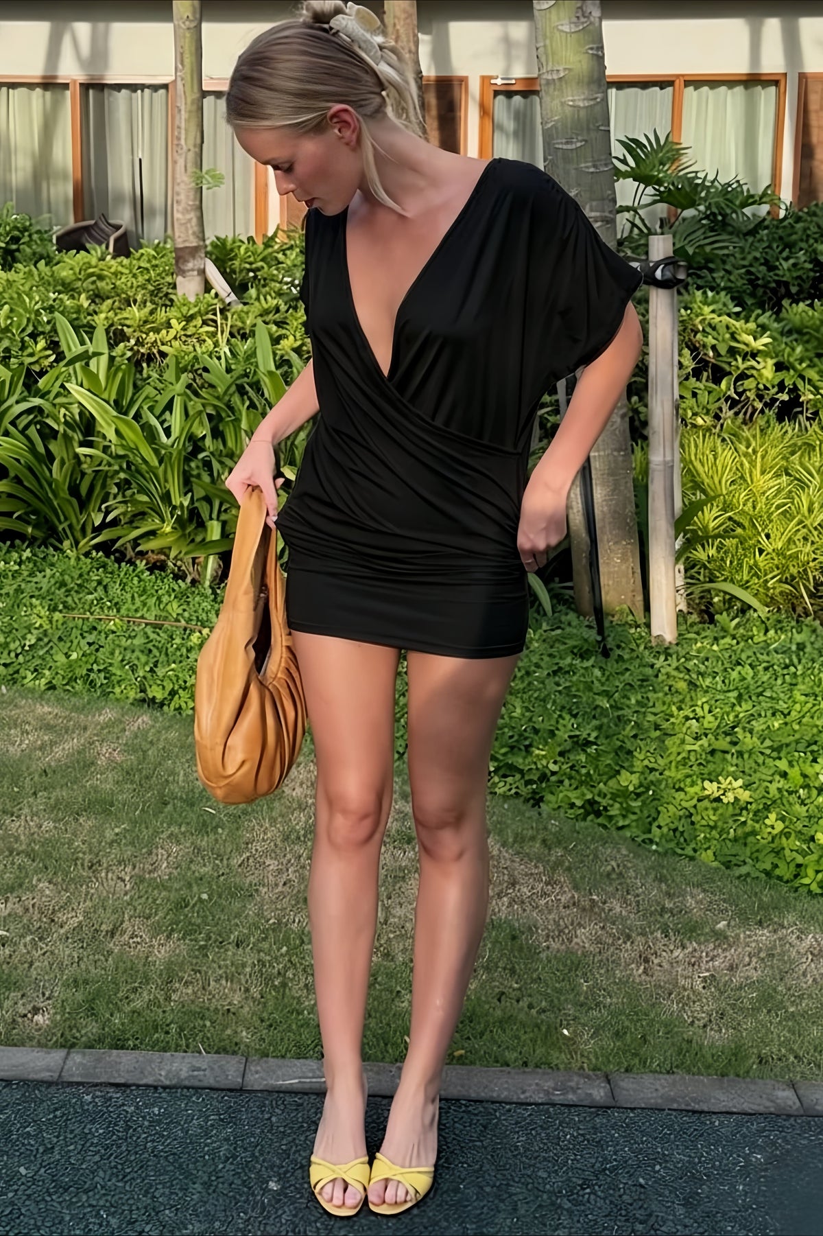 Cowl Neck Batwing Sleeve Ruched Bodycon Mini Dress