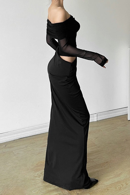 Off Shoulder Long Sleeve Sheer Mesh Ruched Bodycon Maxi Dress - View 5