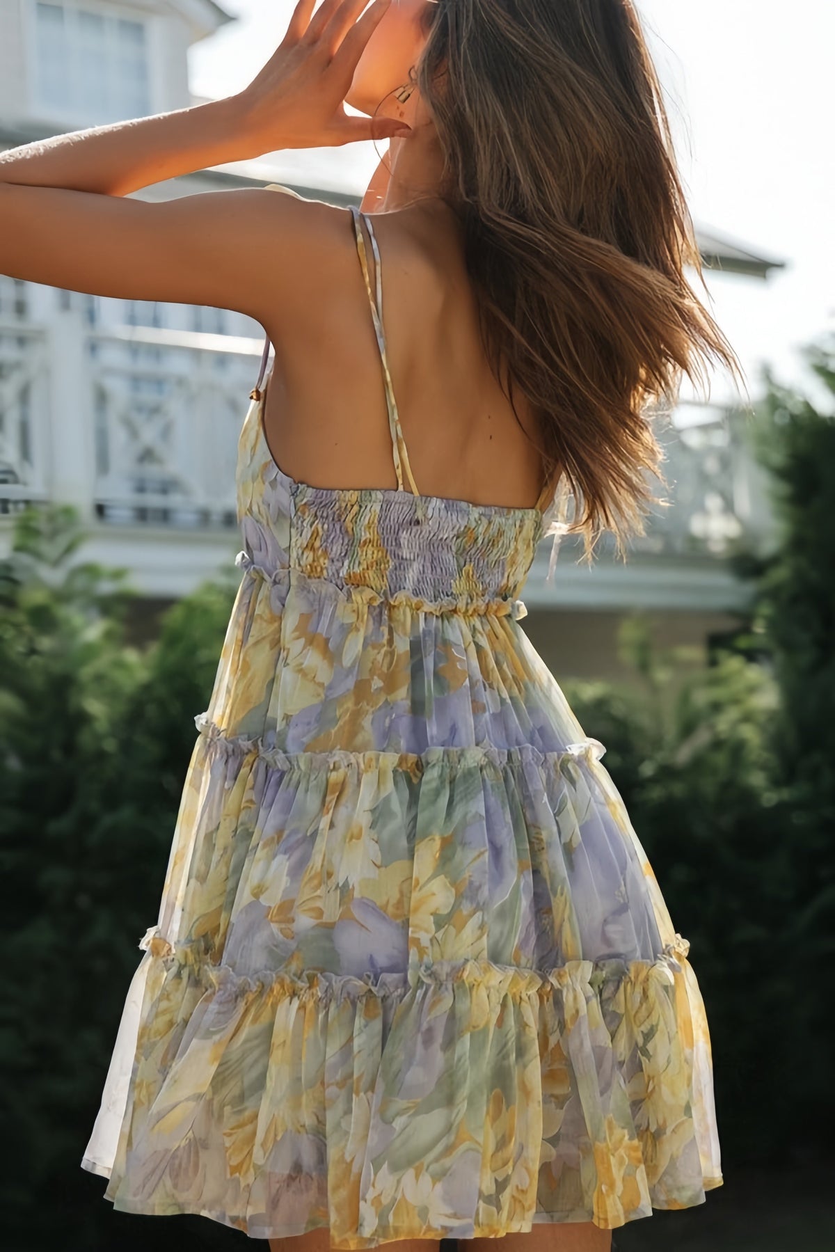 Floral Chiffon Square Neck Tiered Babydoll Mini Dress 4