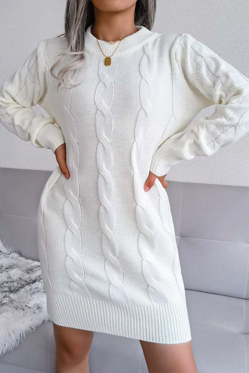 Solid Cable-knit Round Neck Sweater Dress  Fashionpara