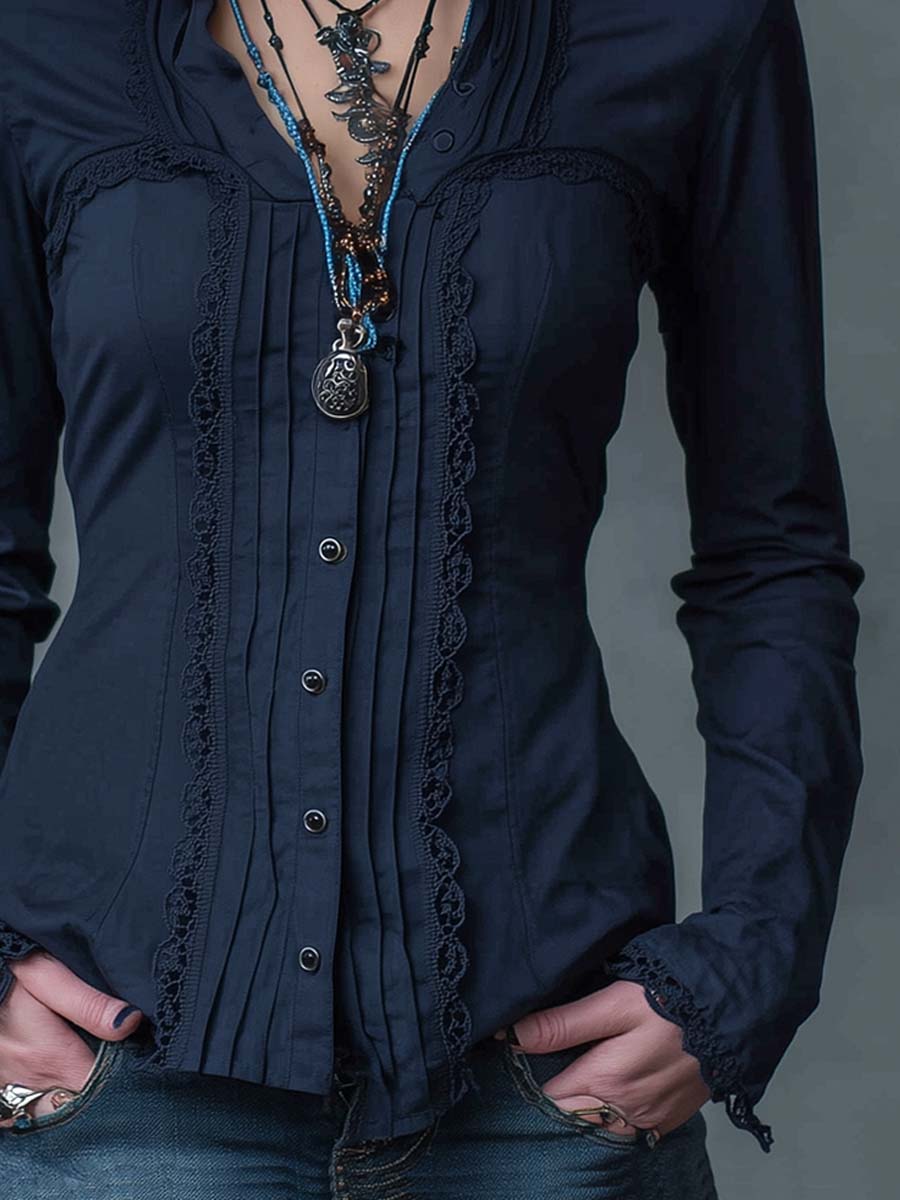 Retro Pleated Lace Long-sleeved Blouse