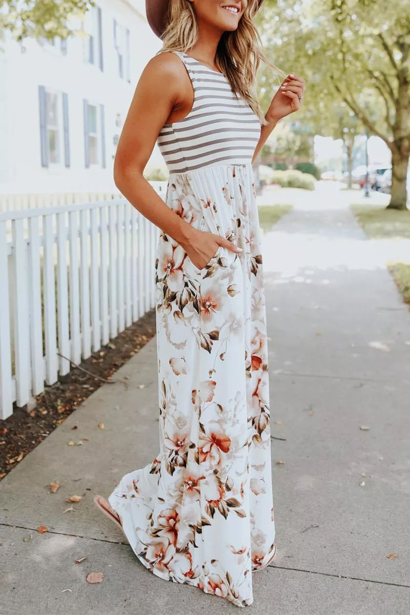 Striped Floral Print Patchwork White Maxi Dress  Fashionpara