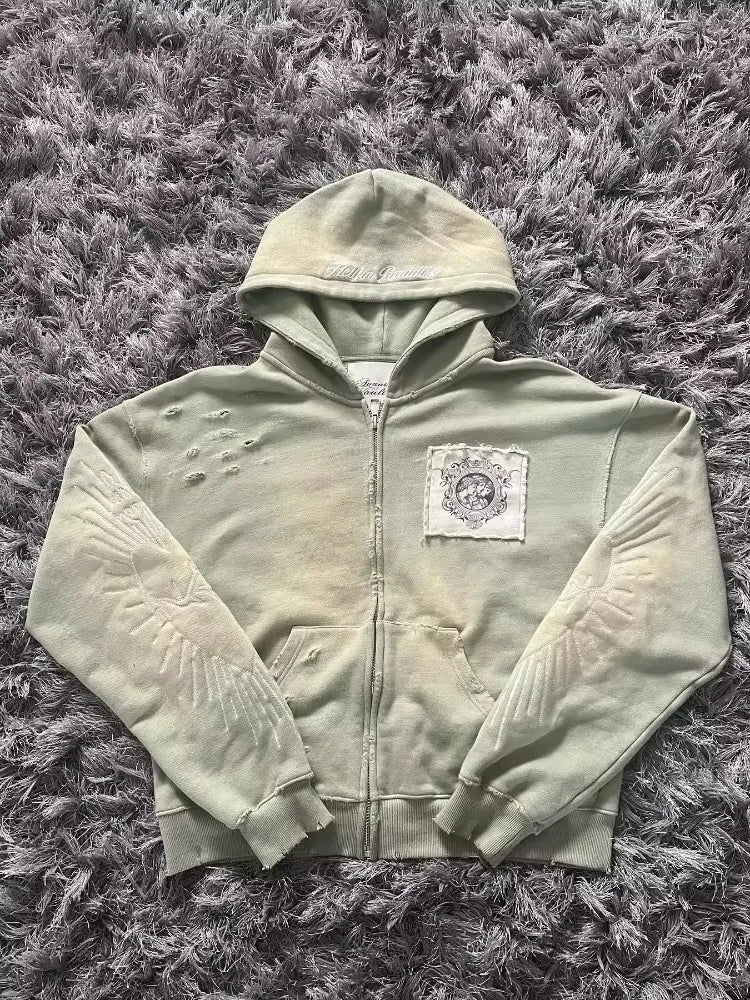 Embroidered Patch Zip Up Hoodie