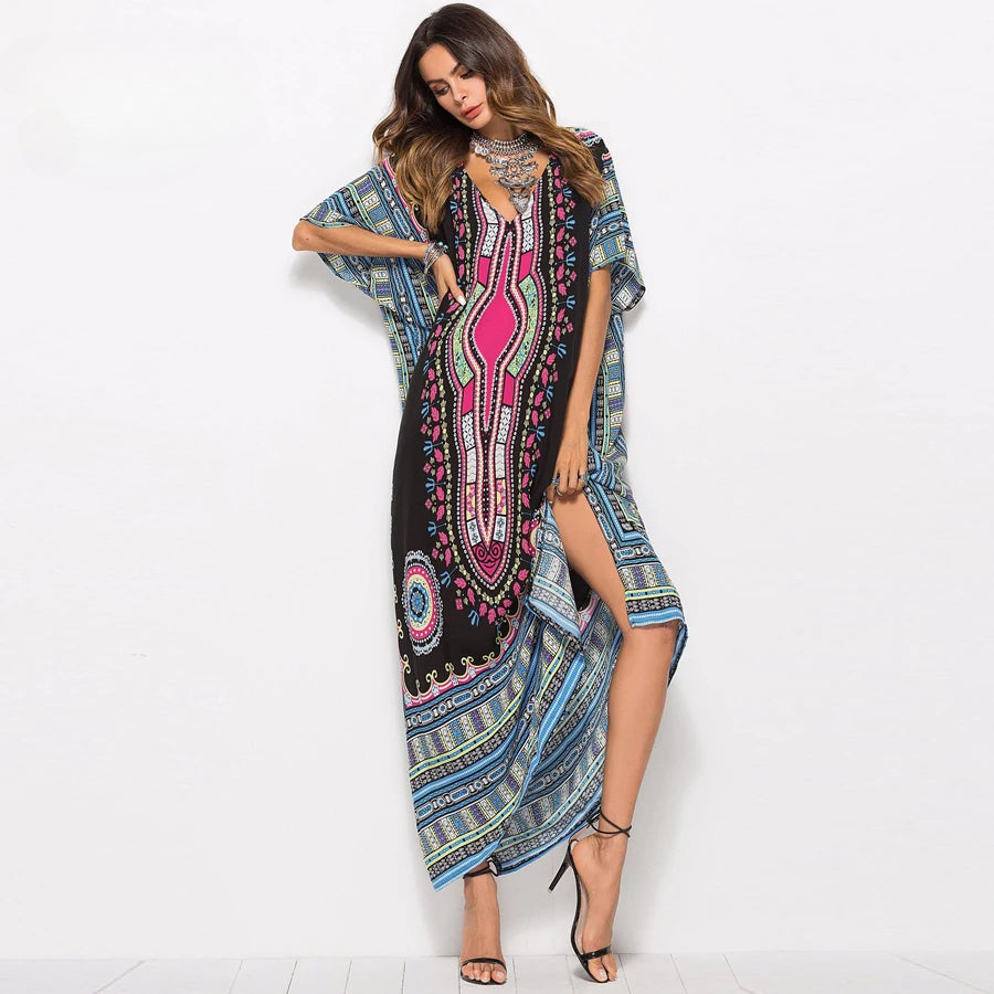 Ethnic Print V-Neck Batwing Sleeve Kaftan Maxi Dress
