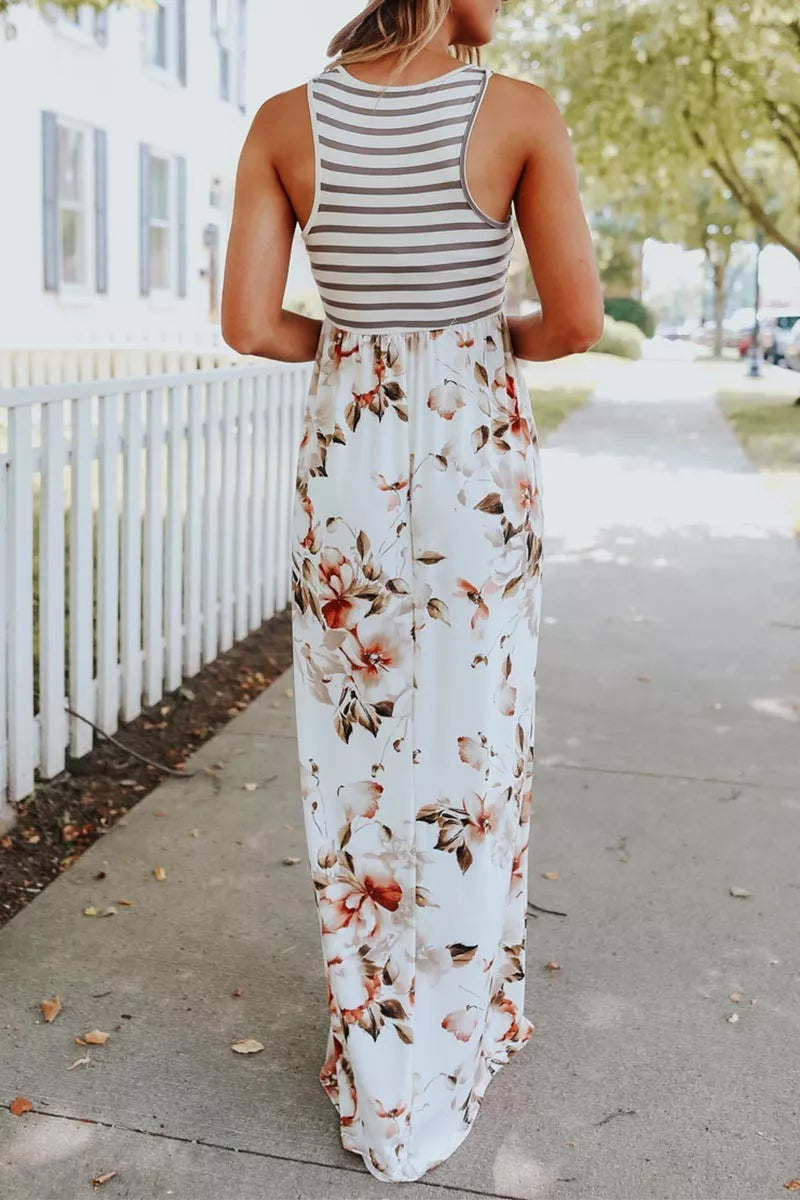 Striped Floral Print Patchwork White Maxi Dress  Fashionpara