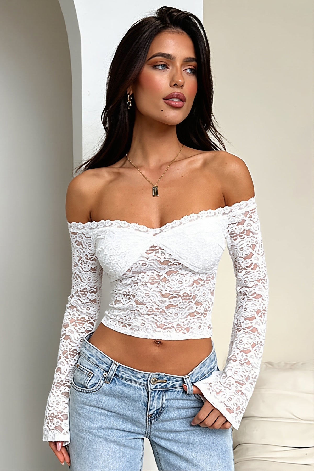 Off Shoulder Lace Long Sleeve Blouse