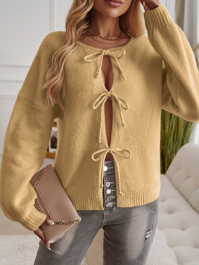 Stylish Loose Fit Button-Down Tie-Front Sweater for You