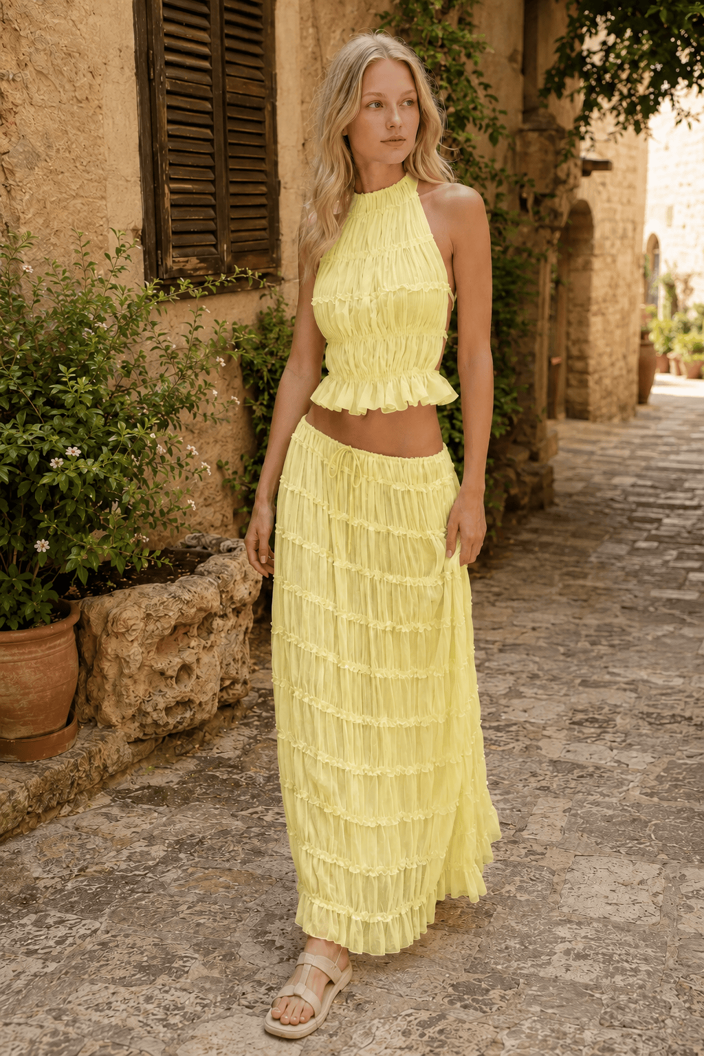 Shirred Ruffle Halter Crop Top Two Piece Set 4