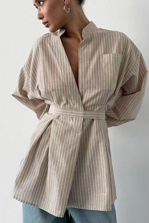 Striped V Neck Irregular Tie Waist Long Sleeve Blouse
