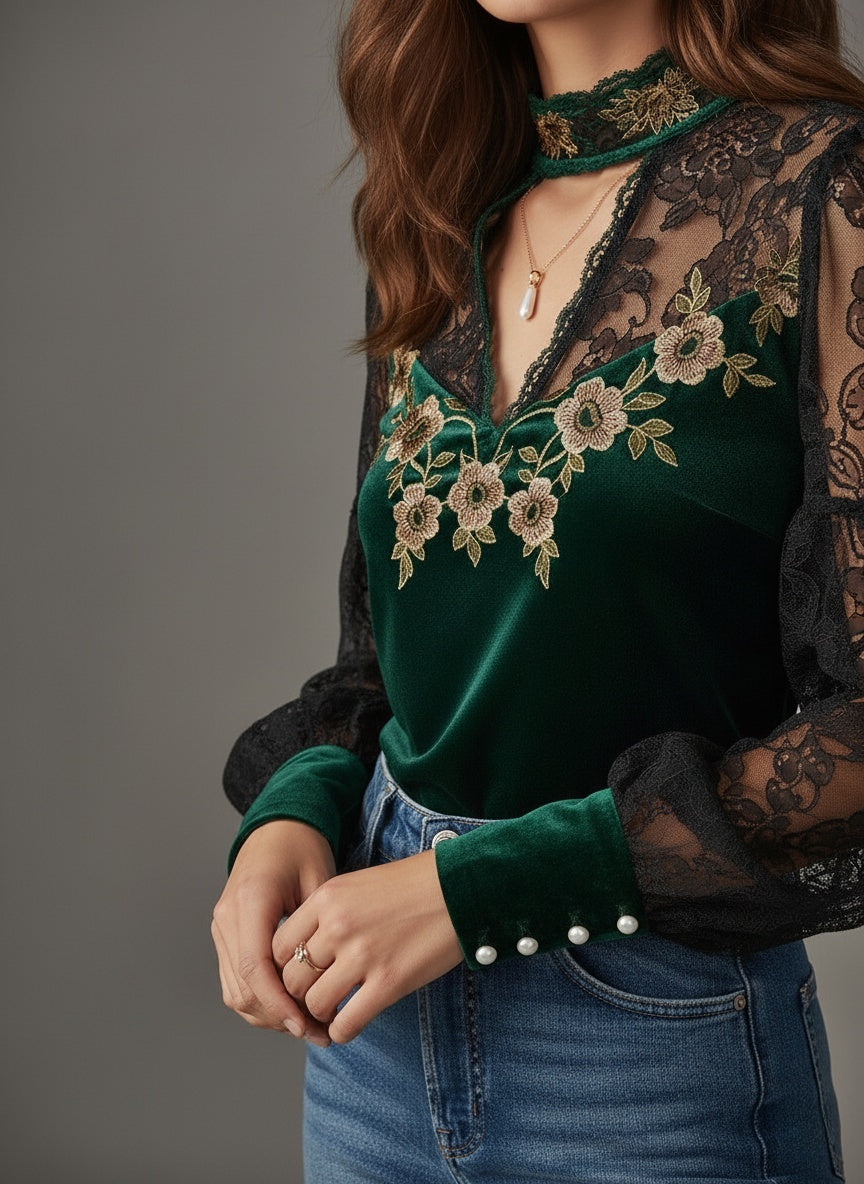 Embroidered Emerald Velvet & Lace Blouse - Fashionpara