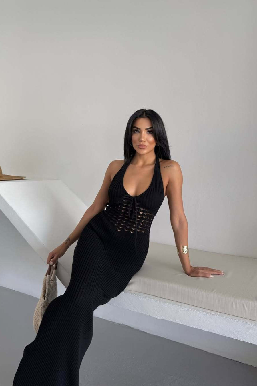 Crochet Knit Halter Neck Cut-Out Maxi Dress