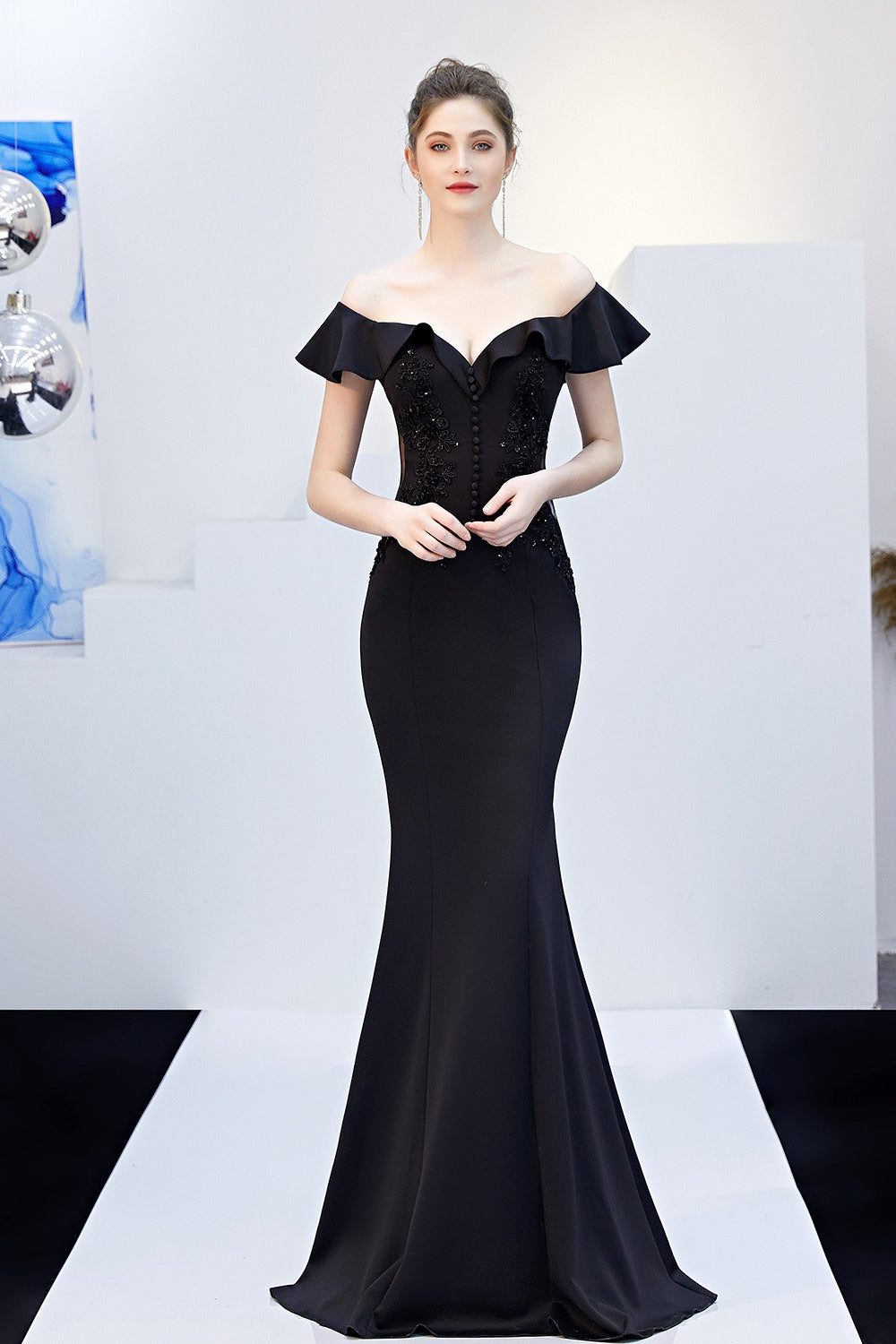 Off Shoulder Ruffle Beaded Mermaid Formal Gown - View 10