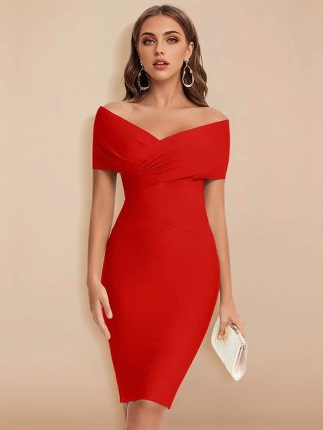 Off-Shoulder V-Neck Ruched Bandage Bodycon Dress