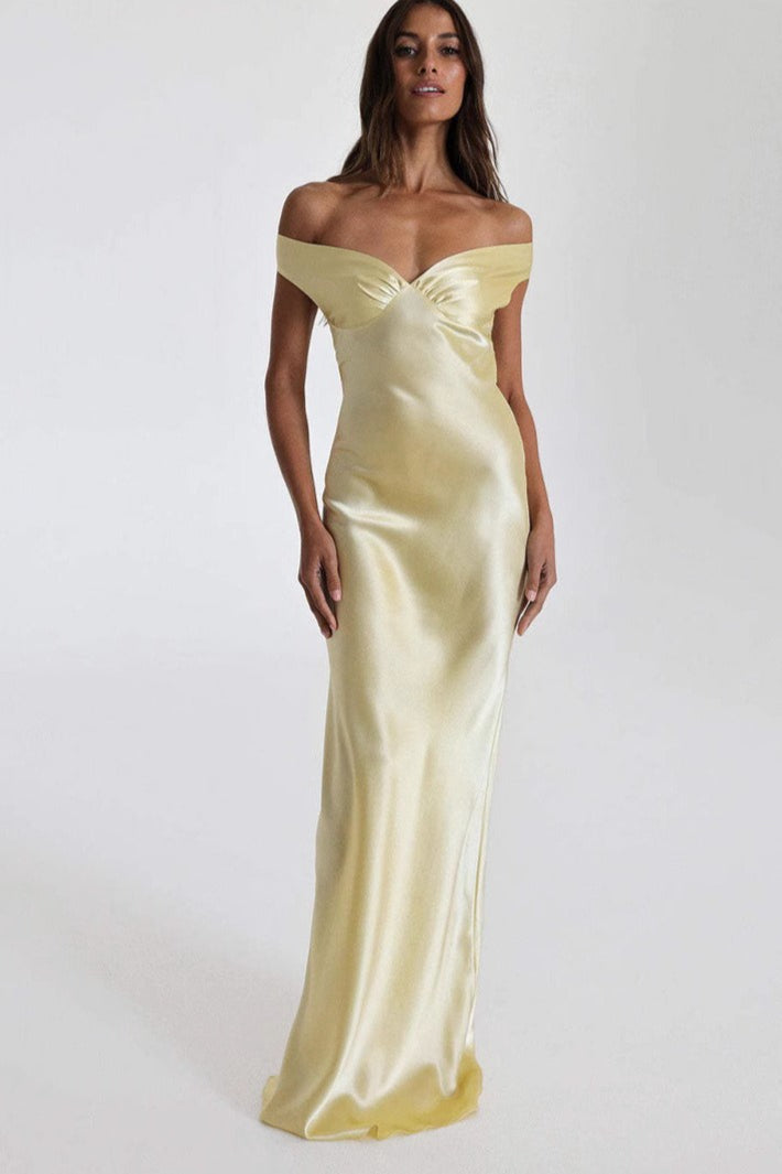 Satin Off Shoulder Sweetheart Slip Maxi Dress