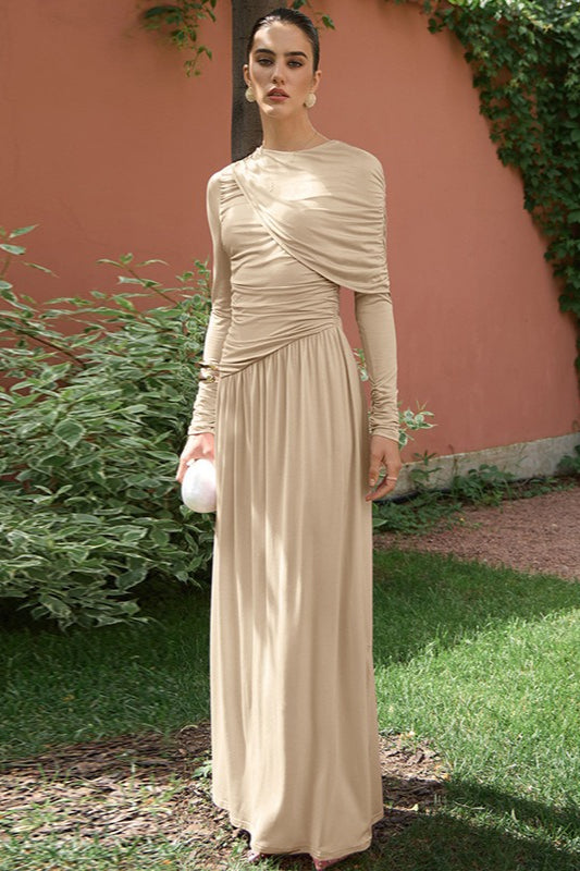 High Neck Long Sleeve Draped Ruched Sheath Maxi Dress 8