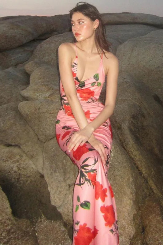 Floral Print Plunge Backless Satin Maxi Dress