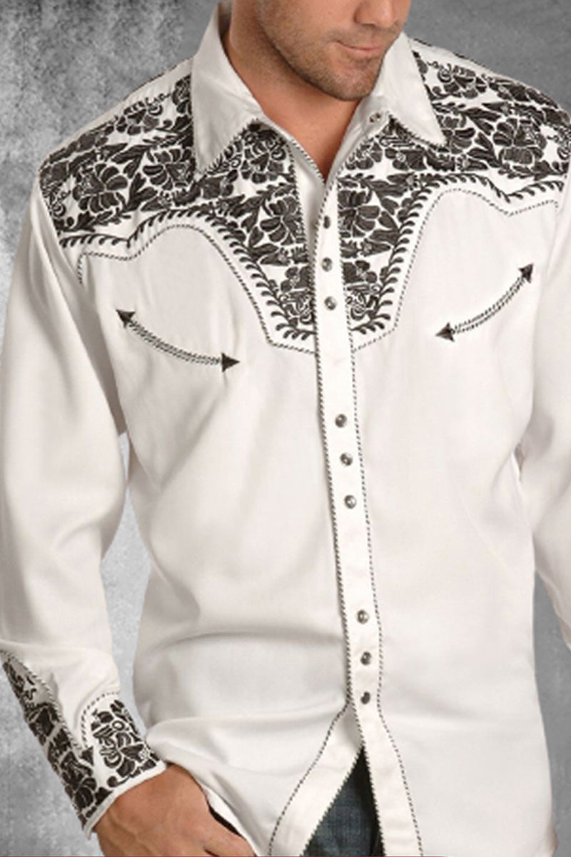 Mens Washed Embroidered Retro Long Sleeve Western Shirt - Fashionpara