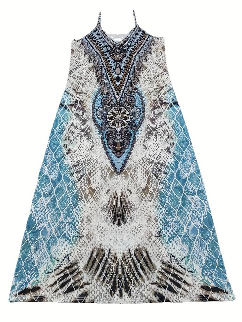 Spaghetti Strap Sleeveless Snakeskin Print Geometric Panel Maxi Dress - View 4