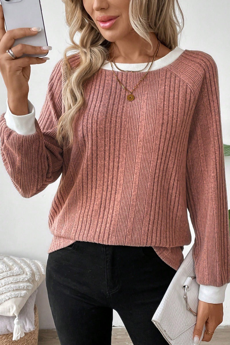 Ribbed Contrast Trim Crew Neck Knit Sweater