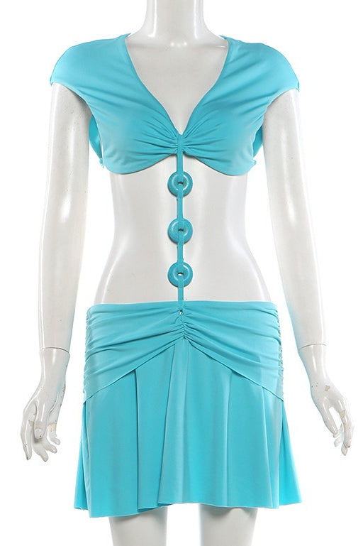 Cut Out Ring Link Cap Sleeve Flared Mini Dress