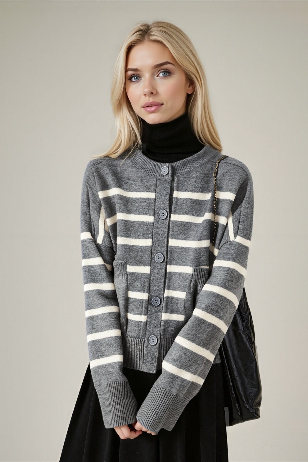Striped Knit Cardigan with Button Pockets for Effortless Style
