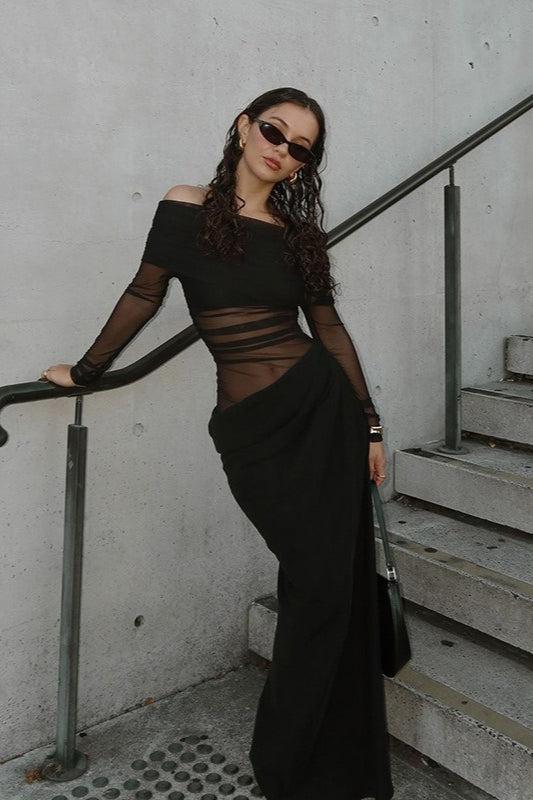 Off Shoulder Long Sleeve Sheer Mesh Ruched Bodycon Maxi Dress - View 3