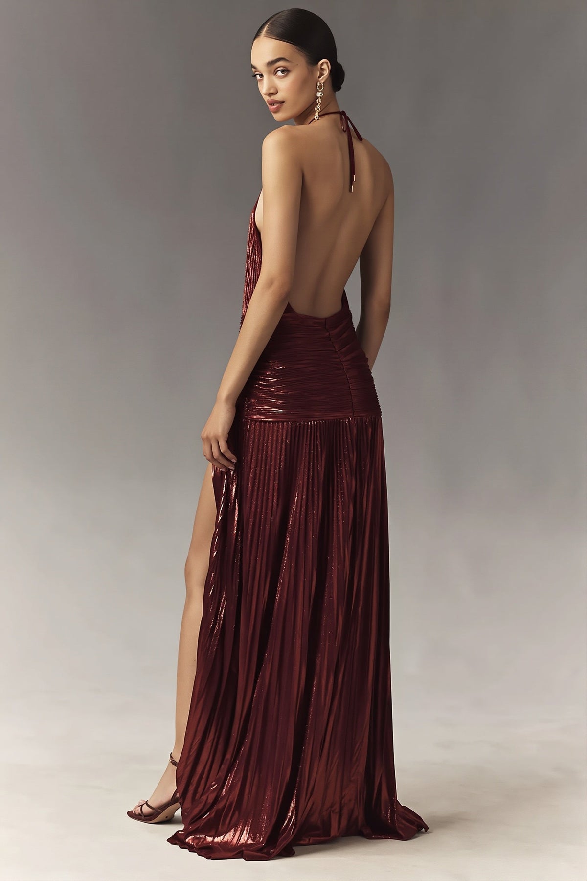 Metallic Pleated Halter Neck High Split Gown
