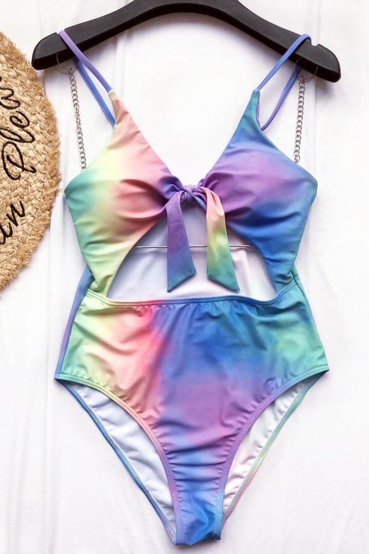 Tie-dye Hollow-out Knot Gradient One-piece Swimsuit - Fashionpara
