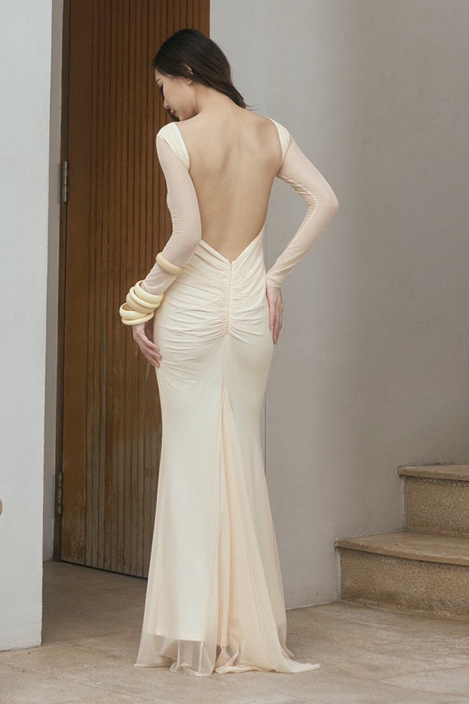 Mesh Long Sleeve High Neck Fishtail Maxi Dress