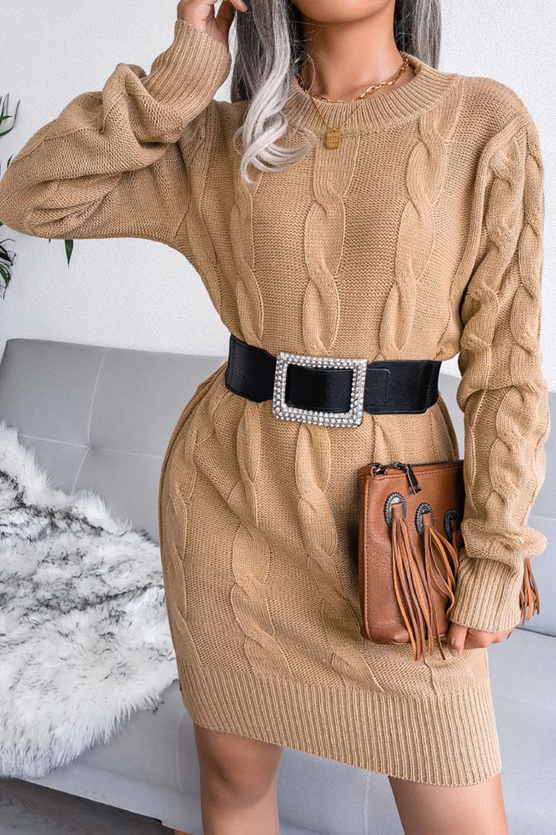 Solid Cable-knit Round Neck Sweater Dress  Fashionpara