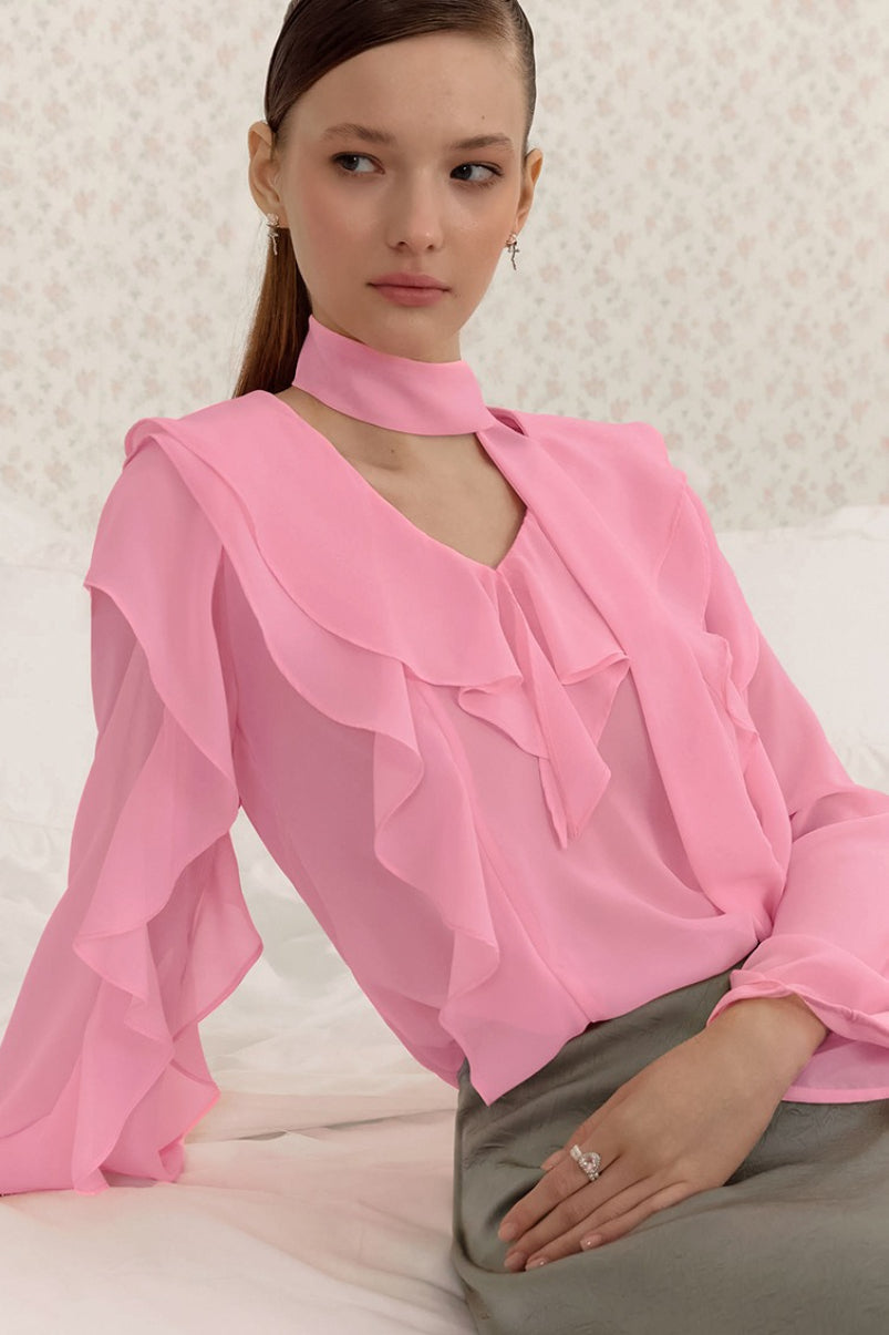 V Neck Ruffle Sleeve Blouse