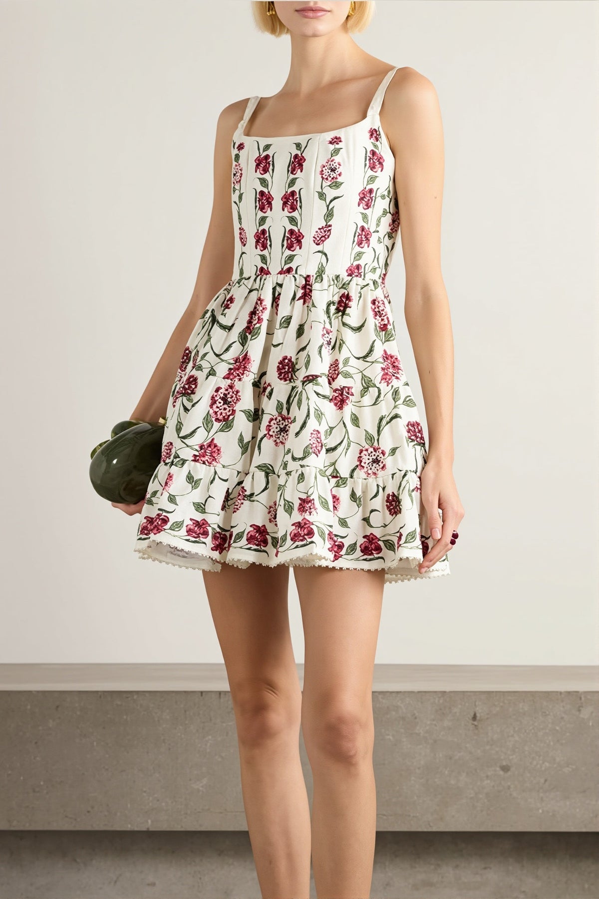 Floral Square Neck Lace Trim Tiered Mini Dress 3