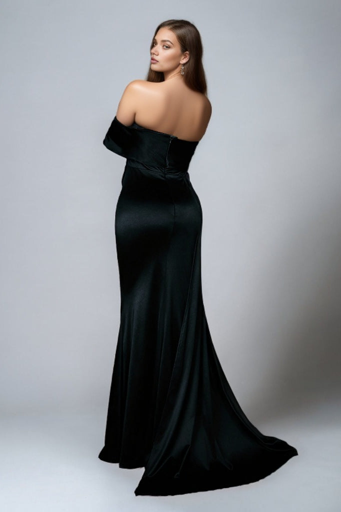 Satin Off Shoulder Ruched High Split Maxi Formal Gown - View 12
